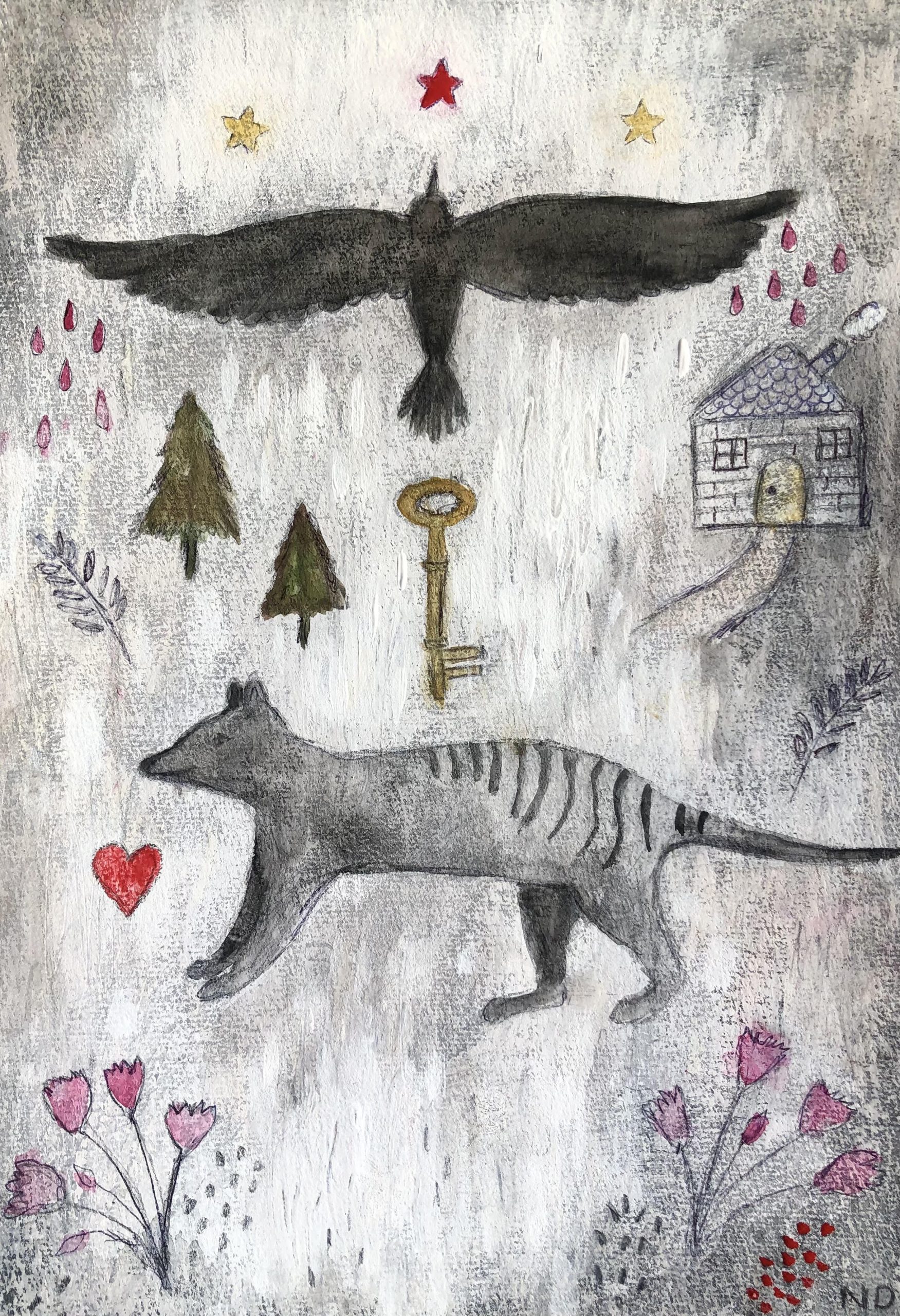 “Keeper of the Wild” uses intuition and symbols to capture  memory, myth, and longing. At its centre, the thylacine—extinct, yet not forgotten—moves through a dreamt Tasmanian landscape, carrying a heart through fragments of forest, home, and sky. A crow hovers above, a witness or a guide. The golden key floats between realms, hinting at what’s been lost—and what might still be reclaimed. Each element in the work is a symbol: of grief, resilience, love, and the wild threads that tether us to place and story